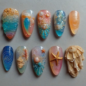 Ocean Dream Jellyfish Press On Nails | Blue Sea Fantasy Nail Art Set | 3D Shell & Starfish Nails | 3D Press on Nail for Beach