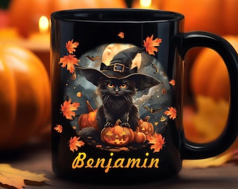 Personalized Black Cat Mug, Custom Halloween Witch Cat Coffee Cup, Pumpkin Autumn Name Mug, Spooky Fall Gift, Cute Cat Lovers Mug