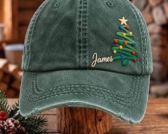 Personalized Christmas Tree Embroidered Hat, Custom Name Xmas Cap,Colorful Christmas Lights and Star Embroidery,Holiday Gift for Him or Her