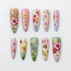 Spring Garden 3D Floral Press-On Nails | Handmade Butterfly Ladybug Daisy Nail Set | Long Summer Cute Nails | Reusable False Nails