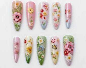 Spring Garden 3D Floral Press-On Nails | Handmade Butterfly Ladybug Daisy Nail Set | Long Summer Cute Nails | Reusable False Nails