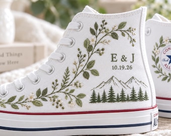 Personalized Wedding Converse, Mountain Forest Embroidered High Tops, Custom Initial Date Sneakers, Botanical Elopement Bride Gift Shoes
