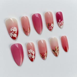Elegant Sakura Blossom Press On Nails – Pink Floral Gel Nails with Gold Accents | Handmade 3D Japanese Style Cherry,Holiday Nails/Aura Nails