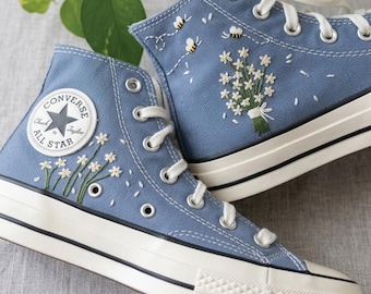 Honey Bee Daisy Embroidered Converse High Tops, Wildflower Bouquet Sneakers, Cottagecore Floral Shoes, Botanical Garden Lover Gift