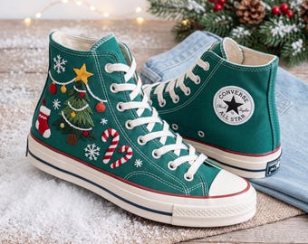 Christmas Tree Embroidered Converse, Candy Cane Snowflake High Tops, Stocking Holiday Sneakers, Handmade Festive Christmas Gift