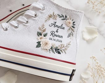 Personalized Floral Wedding Embroidered Converse High Tops, Custom Bride Sneakers with Names and Date, Bridal Canvas Shoes, Wedding Gift