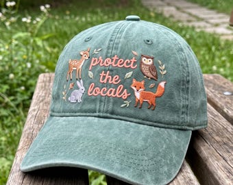 Protect The Locals Embroidered Hat, Woodland Animals Fox Deer Owl Rabbit Cap, Forest Wildlife Dad Hat, Nature Lover Gift, Cottagecore Hat
