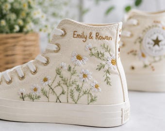 Personalized Daisy Embroidered Converse High Tops, Custom Wedding Sneakers with Couple Names, Floral Bridal Canvas Shoes, Bride Gift