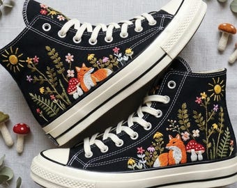Fox Mushroom Embroidered Converse High Tops, Woodland Wildflower Sneakers, Cottagecore Forest Shoes, Hand Embroidered Nature Lover Gift
