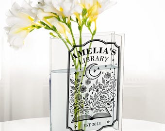 Custom Library Book Vase, Personalized Book Lover Gift, Celestial Floral Book Decor, Reading Nook Vase, Literary Home Aesthetic