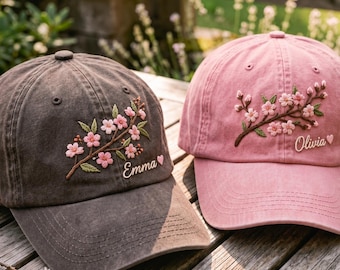 Personalized Cherry Blossom Embroidered Hat, Custom Name Sakura Branch Dad Cap, Pink Floral Embroidery, Cottagecore Spring Gift for Her