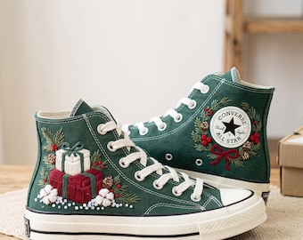 Christmas Gift Embroidered Converse, Pine Berry Wreath High Tops, Holiday Present Sneakers, Handmade Festive Christmas Gift for Her