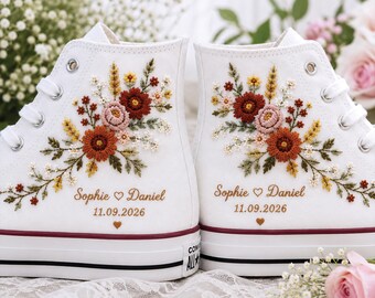 Personalized Wedding Converse, Gerbera Daisy Wildflower Embroidered High Tops, Custom Couple Name Date Sneakers, Fall Bridal Gift