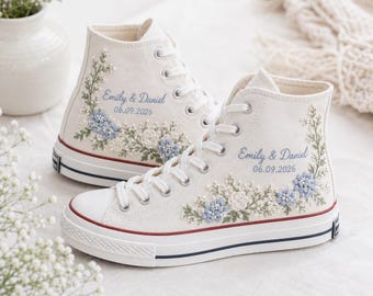 Custom Embroidered Wedding Converse Shoes, Personalized Bride Sneakers with Names & Date, Blue Floral Embroidered Bridal Shoes