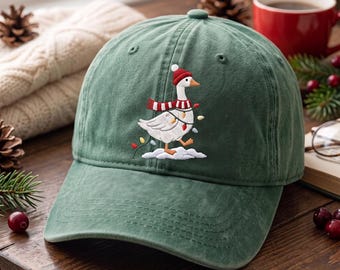 Christmas Goose Embroidered Hat, Cute Goose with Santa Hat and Scarf Dad Cap, Festive Holiday Baseball Cap, Cozy Winter Gift for Her