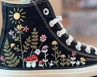 Mushroom Wildflower Embroidered Converse High Tops, Sun Garden Floral Sneakers, Cottagecore Forest Shoes, Nature Lover Gift, Handmade