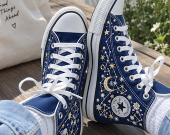 Bee Daisy Embroidered Converse, Lavender Wildflower High Tops, Botanical Garden Sneakers, Cottagecore Nature Lover Gift Shoes