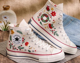 Christmas Wreath Embroidered Converse, Poinsettia Stocking High Tops, Holly Bell Holiday Sneakers, Handmade Festive Christmas Gift