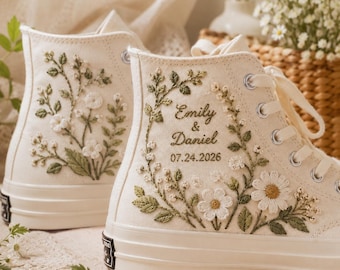 Custom Wedding Converse High Tops, Bridal Flowers Embroidered Shoes, Wedding Flowers Embroidered Sneakers, Personalized Gifts for Girlfriend
