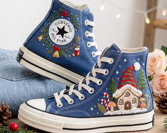 Gingerbread House Christmas Embroidered Converse, Candy Cane Forest High Tops, Holly Wreath Holiday Sneakers, Handmade Festive Gift