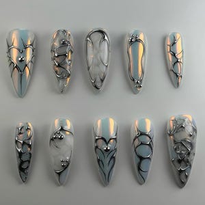 Chrome 3D Cyber Press On Nails, Black Silver Futuristic Nail Art, Metallic Gothic Grid Nails, Fake Nail Set, Y2K Dark Aesthetic Nails