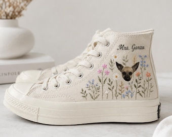 Personalized Pet Portrait Wedding Sneakers, Custom Embroidered Dog High Top Shoes, Floral Bridal Canvas Sneakers, Bride Gift