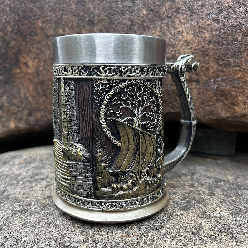 Viking Valhalla Ship Drinking Beer Coffee Mug 22 Oz, Viking Tankard Life Tree Yggdrasil, Valhalla Calling mug, Father's Day Gift for Dad