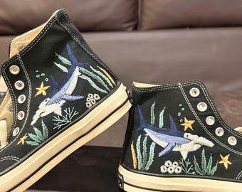 Embroidered Hammerhead Shark High Top Sneakers, Ocean Marine Life Canvas Shoes, Coastal Sea Animal Sneakers, Shark Lover Gift