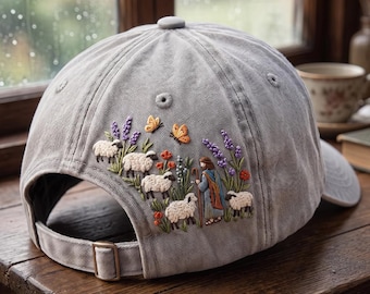 Embroidered Jesus Good Shepherd Hat, Floral Christian Baseball Cap, Faith Dad Hat Religious Gift, Sheep Embroidery, Religious Gift