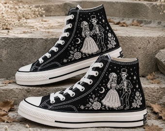 Custom Skeleton Wedding Embroidered Converse High Top Shoes, Gothic Bridal Sneakers, Embroidered Bridal High Tops, Gothic Bride Gift
