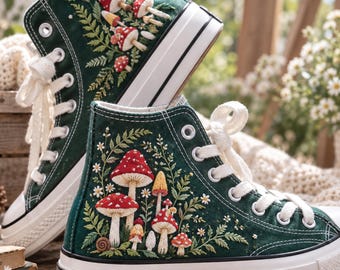 Mushroom Embroidered Converse, Fly Agaric Woodland High Tops, Cottagecore Botanical Sneakers, Fairycore Forest Nature Lover Gift Shoes