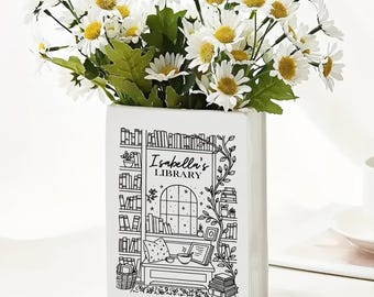 Isabella’s Library Book Vase, Cozy Reading Nook Book Vase, Personalized Book Lover Gift, Librarian Desk Decor, Bookish Home Decor
