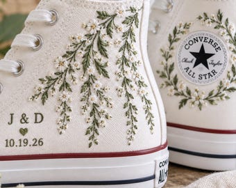Custom Embroidered Wedding Converse Shoes, Personalized Bride Sneakers with Names & Date, Hand Embroidered Floral Shoes