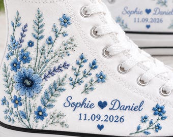 Personalized Wedding Converse, Blue Wildflower Forget Me Not Embroidered High Tops, Custom Couple Name Date Sneakers, Bridal Shower Gift