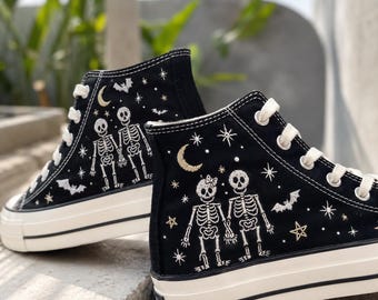 Embroidered Skeleton Couple High Top Sneakers, Gothic Celestial Canvas Shoes, Halloween Wedding Shoes, Spooky Couple Gift