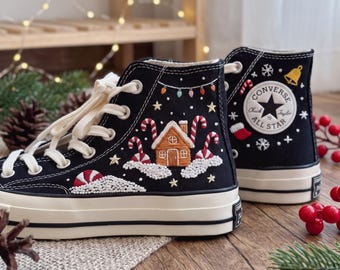 Gingerbread House Embroidered Converse, Candy Cane Christmas High Tops, Stocking Snowflake Holiday Sneakers, Handmade Festive Gift