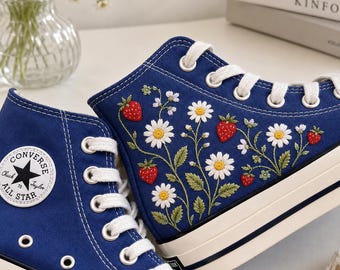 Embroidered Strawberry Daisy Converse High Tops, Floral Canvas Sneakers, Cottagecore Strawberry Shoes, Nature Lover Gift for Her