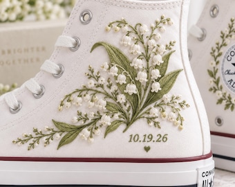 Custom Lily Of The Valley Embroidered Converse, Personalized Wedding High Tops, Botanical Bridal Sneakers, Custom Date Bride Gift Shoes