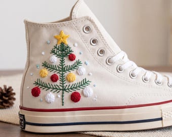 Christmas Tree Embroidered Converse, Ornament Snowflake High Tops, Minimal Holiday Sneakers, Handmade Festive Christmas Gift for Her