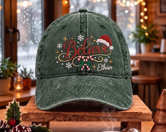 Personalized Believe Christmas Embroidered Hat, Custom Name Santa Hat Dad Cap, Candy Cane Snowflake Holiday Embroidery, Festive Xmas Gift