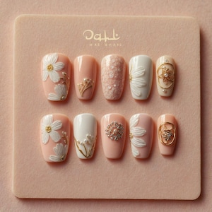 Simple Floral Press-On Nails | Light Pink Valentine’s Nails | Cute Medium Acrylic Nail Set | Handmade Spring Flower Nail Art