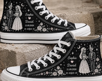 Personalized Wedding Converse, Skeleton Bride Groom Embroidered High Tops, Custom Couple Name Date Sneakers, Gothic Bridal Gift