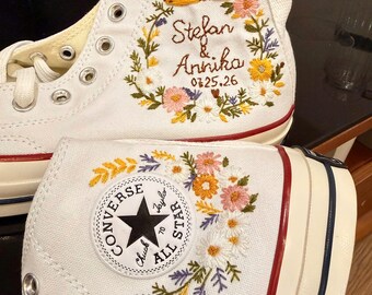 Personalized Embroidered Wedding High Top Sneakers, Custom Floral Bride Canvas Shoes with Names Date, Rustic Wedding Gift for Couple