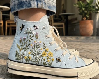Bee Ladybug Wildflower Embroidered Converse High Tops, Daisy Meadow Floral Sneakers, Cottagecore Botanical Garden Nature Lover Gift Handmade