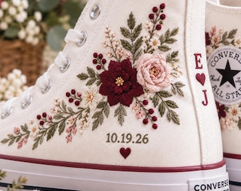 Custom Wedding Converse High Tops, Hand Embroidered Burgundy Blush Floral Bridal Sneakers, Initials & Date, Ivory Bride Shoes Keepsake Gifts