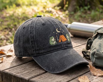 Camping Frog Embroidered Hat, Cute Frogs Around Campfire Tent Baseball Cap, Moon and Stars Outdoor Adventure Dad Hat, Funny Frog Lover Gift