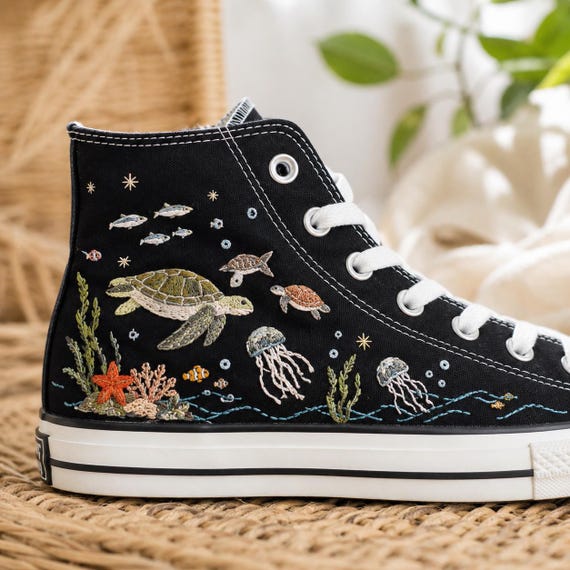 Embroidered Whale Converse Sneakers, Celestial Ocean High Top Shoes, Marine Life Converse, Whale Lover Gift For Her