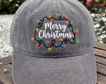 Merry Christmas Embroidered Hat, Colorful Christmas Lights Dad Cap, Festive Holiday Baseball Cap, Cute Xmas Gift for Her, Winter Hat