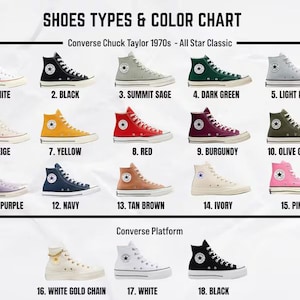 May include: A color chart titled SHOES TYPES & COLOR CHART displaying 18 Converse sneaker variations. The top section shows 15 Chuck Taylor 1970s All Star Classic high-top sneakers in various colors, and the bottom shows 3 Converse Platform sneakers.