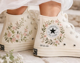 Bridal Converse Custom, Wedding Flowers Embroidered Converse Chuck Taylor 1970s, Flower Embroidered Shoes, Wedding Gifts